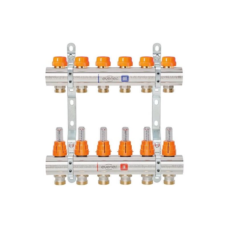 Collecteur de circuit de chauffage evenes m 6,2 Dynamic, DN25 (1') laiton, 2 circuits de chauffage avec débitmètre