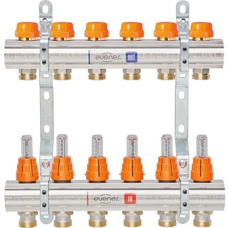 Collecteur de circuit de chauffage evenes M 6,5 Dynamic, DN25 (1") laiton, 5 circuits de chauffage avec débitmètre