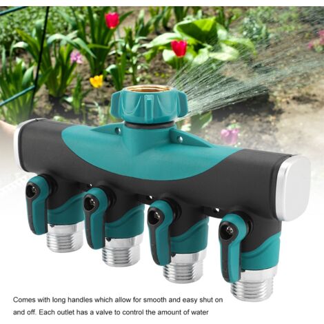 Collecteur de Jardins 4 Voies 3/4" en Alliage de Zinc avec Valve de Fermeture et Adaptateur Robinet pour Connexions de Tuyaux D'Arrosage