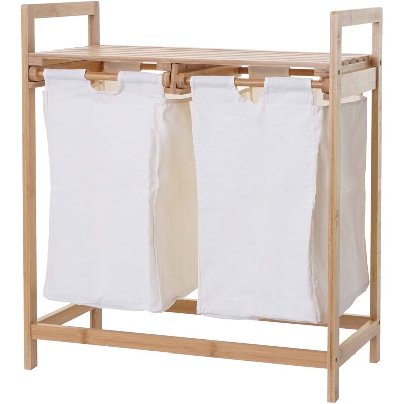 Corbeille à linge HHG-731, bambou, 2 compartiments, 74x64x33cm, 70l, blanc