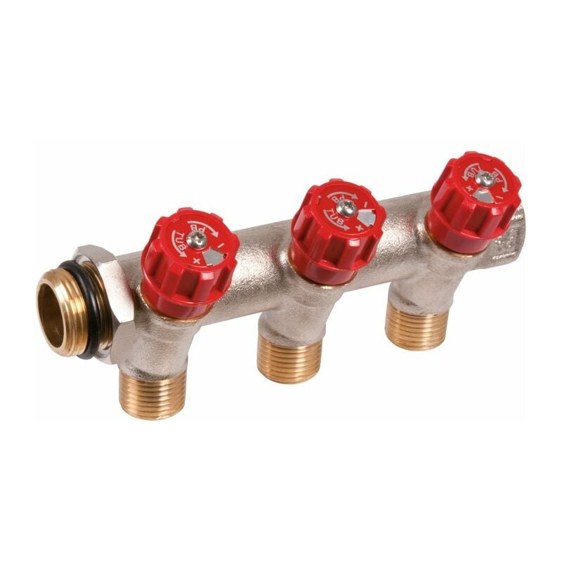 Collecteur 3 sorties - mf 3/4' - Avec vanne rouge m 1/2' - pb tub