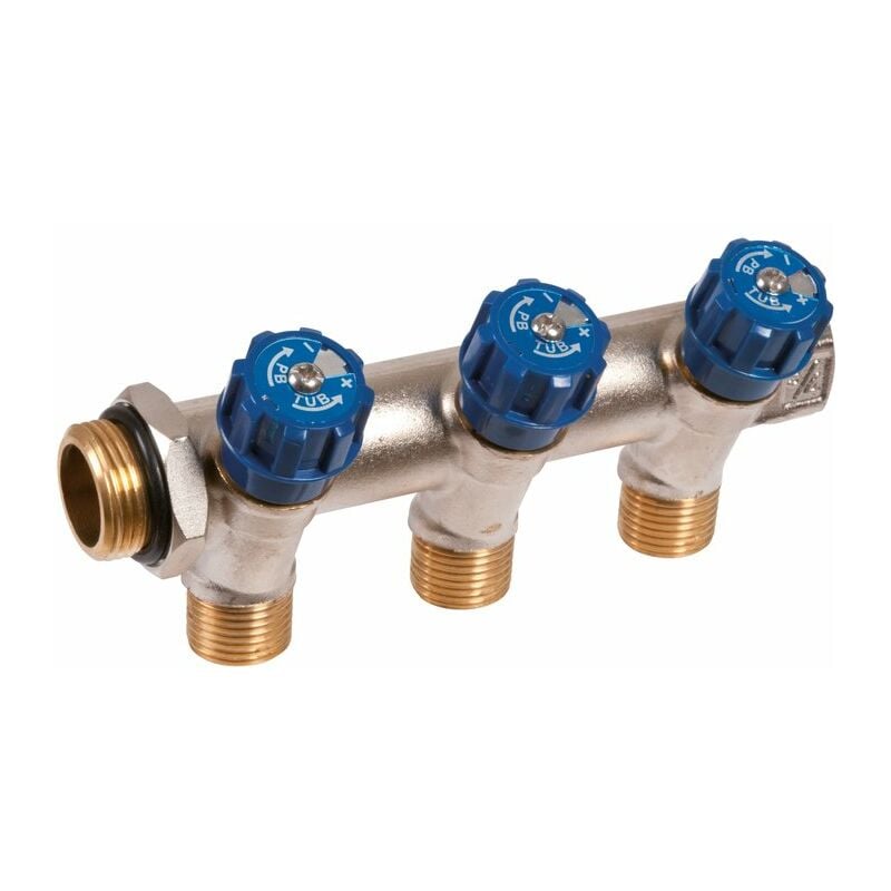 Collecteur 3 sorties - mf 3/4' - Avec vanne bleu m 1/2' - pb tub