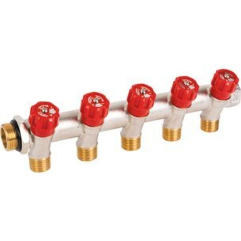 Collecteur 5 sorties - mf 3/4' - Avec vanne rouge m 1/2' - pb tub