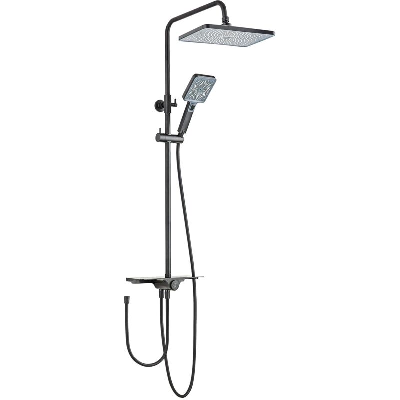 Collection Colonne de douche, avec étagère, robinetterie avec douche de tête effet pluie, douchette 3 jets, noir mat, verina