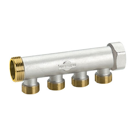 Collettore in ottone nichelato con derivazioni m 24x19 3/4 x 2 vie l. 85 mm