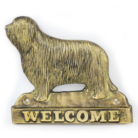 Collie barbudo, collie de las tierras altas: cartel para puerta con un perro, placa de bienvenida de latón, cartel exclusivo con la palabra Bienvenido de Art-Dog