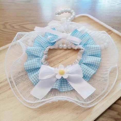 Collier ajustable à motif floral pour chat ou chien, avec nœuds en organza et dentelle, bavoir, collier et foulard, accessoires de toilettage pour chat - Taille S (tour de cou de 20 à 25 cm) - Bleu