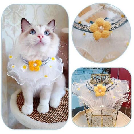 Collier ajustable à motif floral pour chat ou chien, nœud papillon en organza, bavoir en dentelle, collier et foulard, accessoires de toilettage pour chat - Taille S (tour de cou de 20 à 25 cm) - Bleu