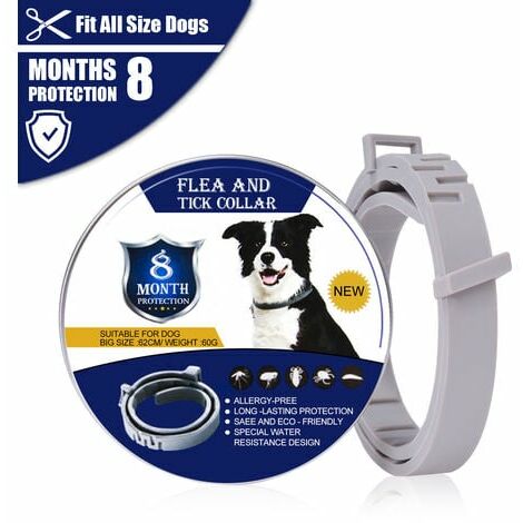 Collier anti-puces et anti-tiques pour chien, traitement naturel et jusqu'à 8 mois de prévention contre les puces et les tiques pour chien, taille réglable 62 cm, résistant à l'eau