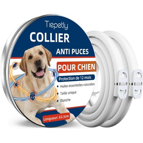 Collier Anti-Puces Pour Chien - Huiles Essentielles Naturelles - Imperméable - Réglable Jusqu'à 62 cm - Protection 8 Mois