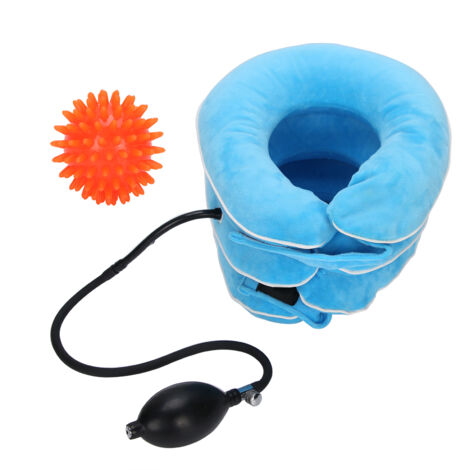Collier Cervical Gonflable avec Balle de Massage - Appareil de Traction pour le Cou Bleu