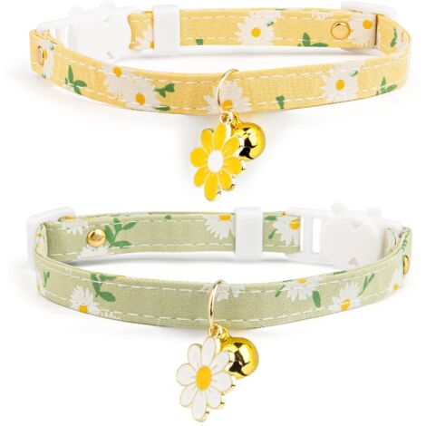 Collier Chat Coton Détachable Avec Clochette - Fleurs Jaune et Verte - Pour Chaton et Chat Adulte - Lot de 2