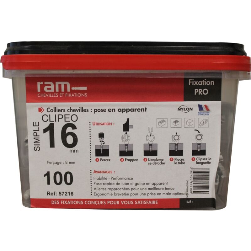 RAM - 100 clipeo simple gris - Fixation pour tube irl Ø16