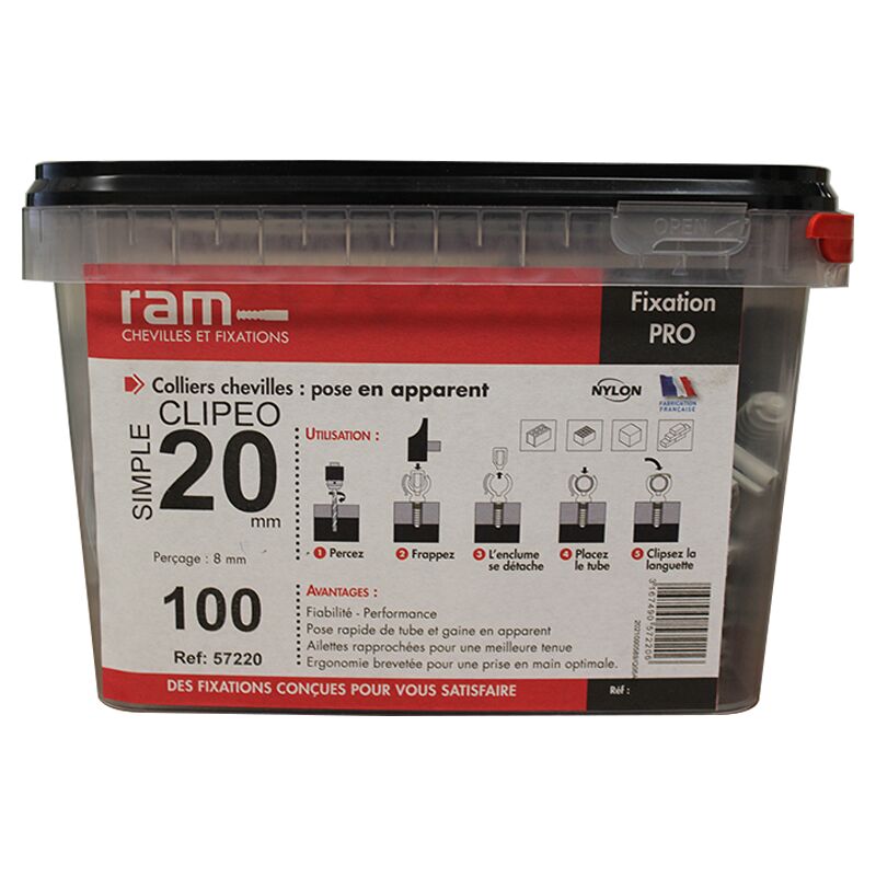 100 CLIPEO simple gris - Fixation pour tube IRL Ø20 - Ram