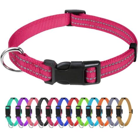 Collier chien chat nylon réfléchissant rose fuchsia, collier ajustable sécurité confortable