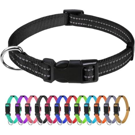 Collier chien chat nylon réfléchissant S+ noir, collier ajustable sécurité confortable solide