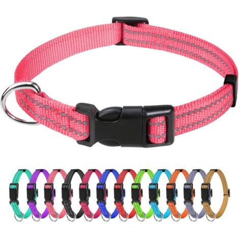 Collier chien chat réfléchissant nylon L rose, collier ajustable sécurité durable