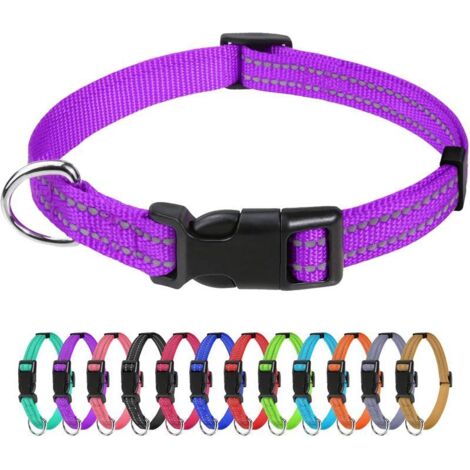 Collier chien chat réfléchissant nylon violet, collier ajustable sécurité nuit