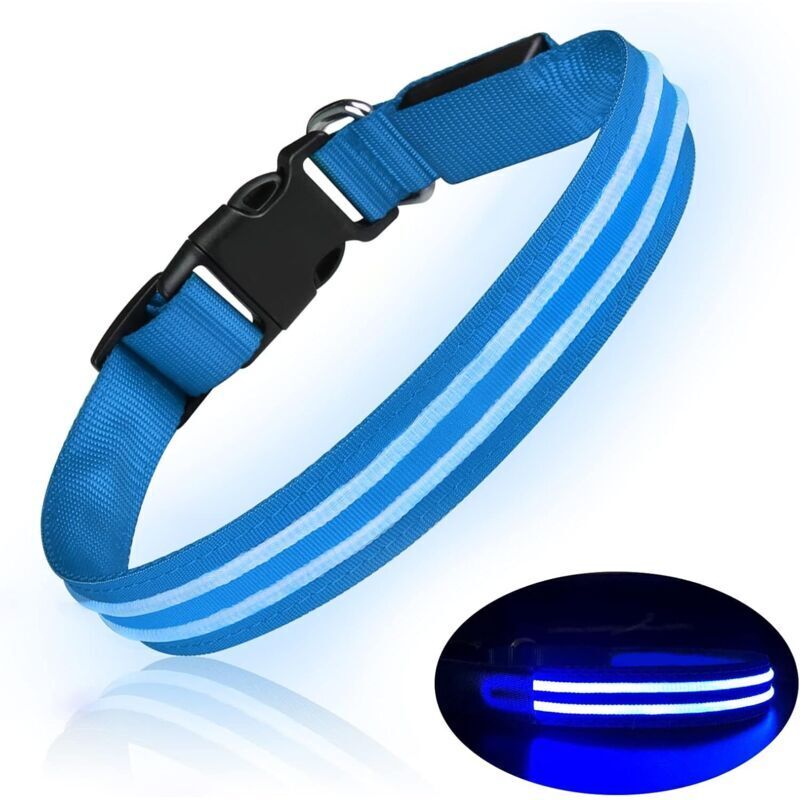 Collier Chien LED Rechargeable Collier Chien Lumineux Imperméable Clignotant Collier Chein Ajustable pour Petits Moyens Grands Chiens - Bleu -L