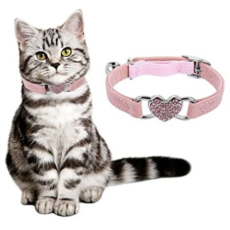 Collier de chat en forme de cœur avec clochette, colliers de chaton réglables avec ceinture de sécurité Collier pour animal de compagnie en strass pour petit chien de chat (rose)