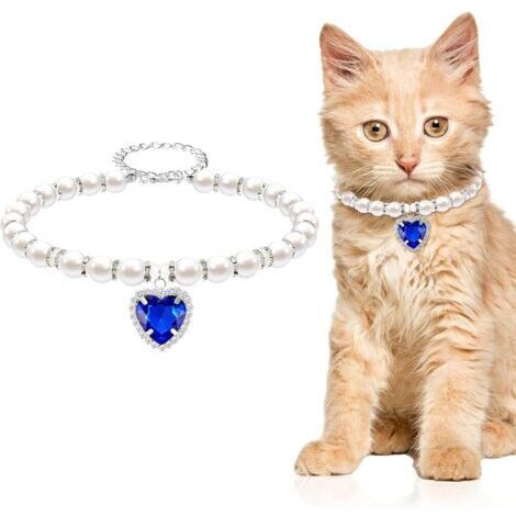 Collier de Chat En Perles,Collier de Chiot En Strass Mignon Colliers Pour Petits Chats Collier Pour Animaux de Compagnie Avec Accessoires Scintillants Pour Chaton Petits Chiens bleu
