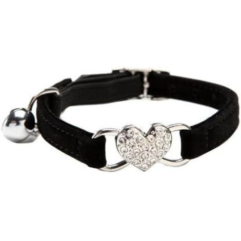 Collier de chat réglable avec breloque cloche et cœur avec pierres de cristal, tissu en velours doux, 8-11" (noir),