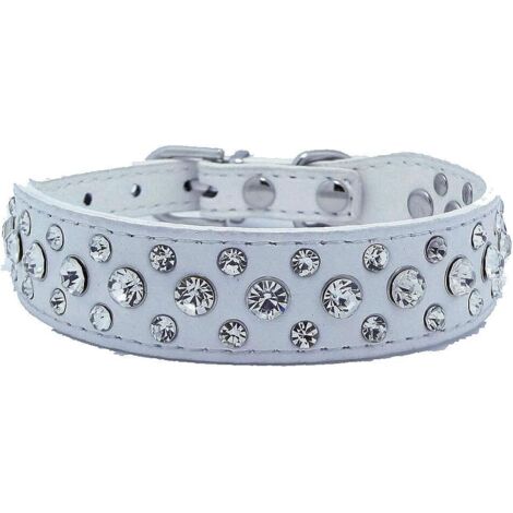 Collier de chien en cuir avec strass (Blanc S)-Fei Yu