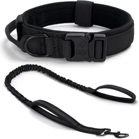 Collier de Chien Tactique Réglable avec Poignée et Boucle en Métal, Ensemble Collier et Laisse pour Chiens Moyens et Grands, Noir XL