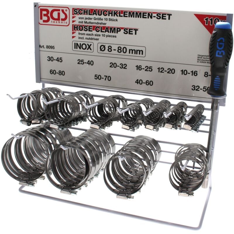 Bgs Technic - Assortiment de colliers inoxydable sur tableau 111 pièces