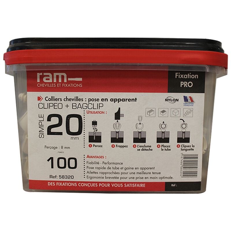 100 clipeos simple blanc Ø20 + 100 bagclip RAM