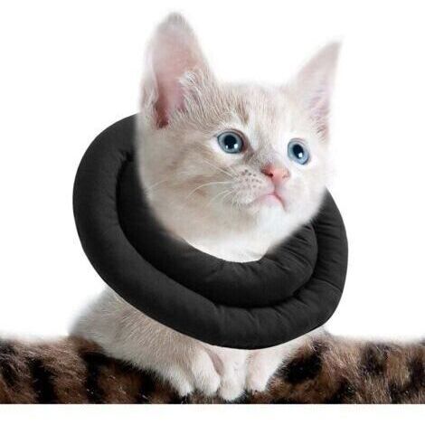 Collier de récupération doux pour chat – Ajustable et lavable – Protection après chirurgie – Tissu rembourré en coton – Taille S, Noir