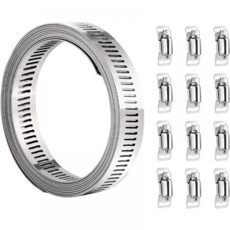 Collier de serrage - acier inoxydable, enrouleur de 10 m et 12 attaches réglables pour tuyaux, radiateurs, conduites de carburant