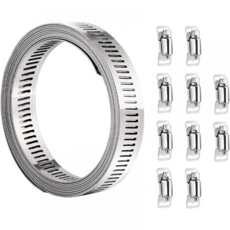 Collier de serrage - acier inoxydable, enrouleur de 5 m et 10 attaches réglables pour tuyaux, radiateurs, conduites de carburant