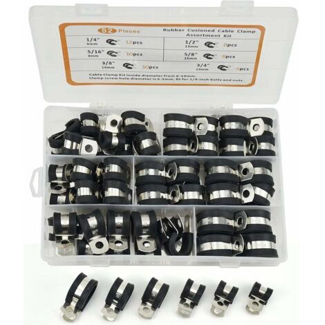 Collier de serrage Assortiment en caoutchouc, Caoutchouc Collier Serrage P Clips Tuyau Pinces Acier Inoxydable Pinces Caoutchouc Coussin Colliers 6 Tailles 1/4" 5/16" 3/8" 1/2" 5/8" 3/4",(52pcs