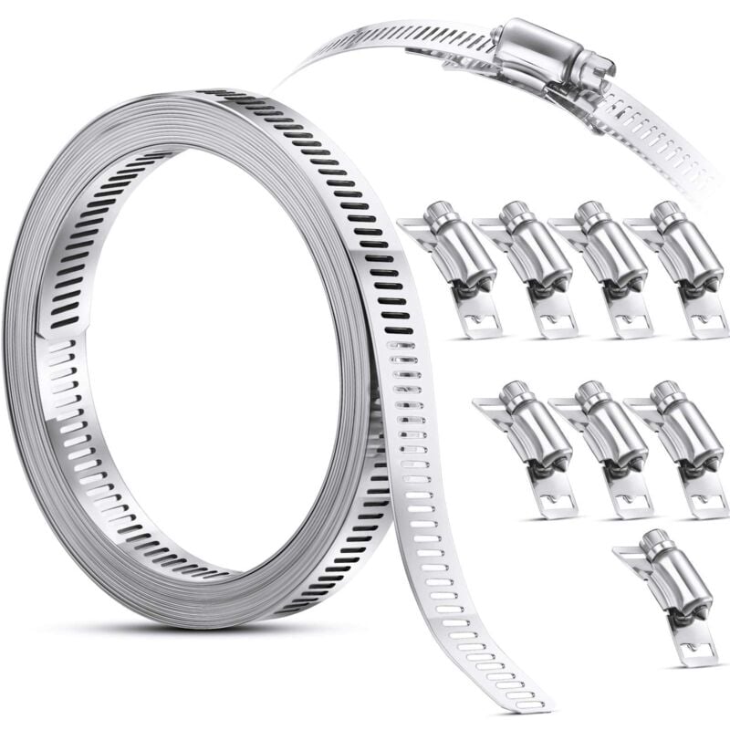 Collier de Serrage Collier à Vis sans Fin en Acier, Pinces en Acier Inoxydable 304 Collier de Serrage de Tuyau Réglable à Vis (9 Pièces, 11,5 Feet)