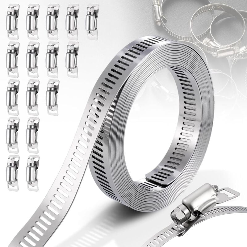 Collier de serrage en acier inoxydable 304 de 5 m, ruban perforé en métal réglable, pince en acier inoxydable de fixation en 16 pièces pour