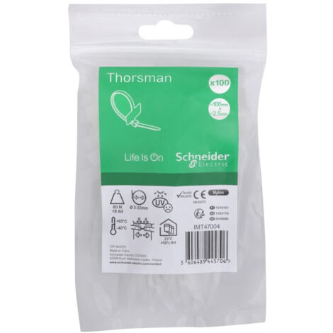 Collier de serrage et d'identification 100x2.5mm translucide (blister de 100) fixation cables Ø 22mm max PA6.6 anti-UV Thorsman