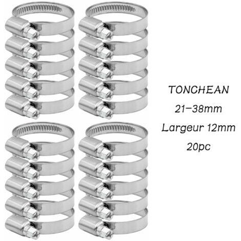 Collier de Serrage Tuyau Réglable 21-38mm Gamme en Acier Inoxydable 304 Assortiment Tuyau Pinces Clips pour Famille Tuyau D'eau, Home Gaz, Tube D'automobiles, Robinet 20 Pièces (12mm)
