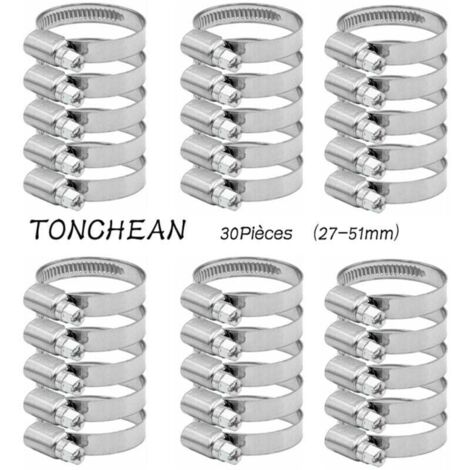 Collier de Serrage Tuyau Rglable 27-51mm Gamme en Acier Inoxydable 304 Assortiment Tuyau Pinces Clips pour Famille Tuyau D\'eau, Home Gaz, Tube D\'automobiles, Robinet 30 Pices (12mm)
