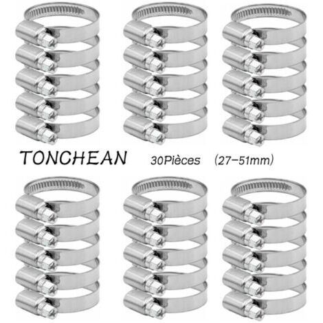 Collier de Serrage Tuyau Rglable 27-51mm Gamme en Acier Inoxydable 304 Assortiment Tuyau Pinces Clips pour Famille Tuyau D\'eau, Home Gaz, Tube D\'automobiles, Robinet 30 Pices (12mm)