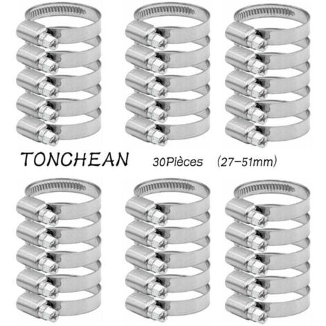 Collier de Serrage Tuyau Rglable 27-51mm Gamme en Acier Inoxydable 304 Assortiment Tuyau Pinces Clips pour Famille Tuyau D\'eau, Home Gaz, Tube D\'automobiles, Robinet 30 Pices (12mm)