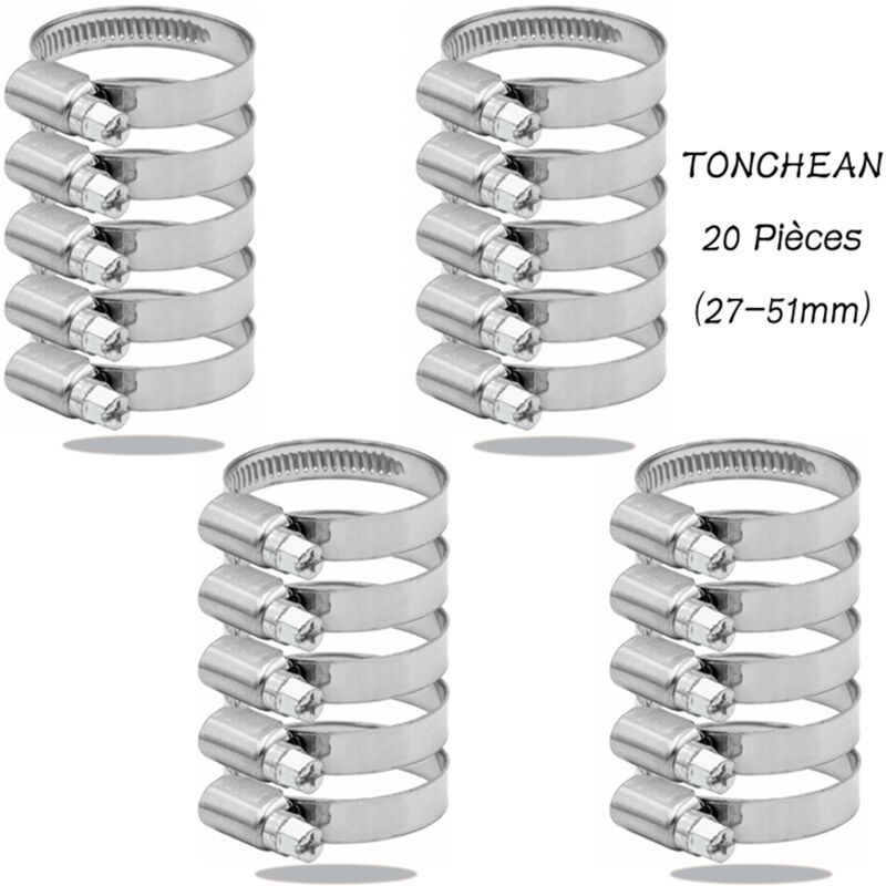 Collier de Serrage Tuyau Réglable 27-51mm Gamme en Acier Inoxydable 304 Assortiment Tuyau Pinces Clips pour Famille Tuyau D'eau, Home Gaz, Tube