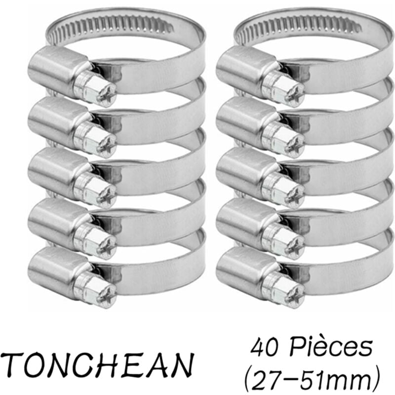 Collier de Serrage Tuyau Réglable 27-51mm Gamme en Acier Inoxydable 304 Assortiment Tuyau Pinces Clips pour Famille Tuyau D'eau, Home Gaz, Tube