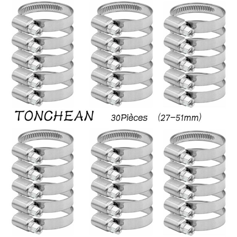 Tonchean - Collier de Serrage Tuyau Réglable 27-51mm Gamme en Acier Inoxydable 304 Assortiment Tuyau Pinces Clips pour Famille Tuyau D'eau, Home Gaz,
