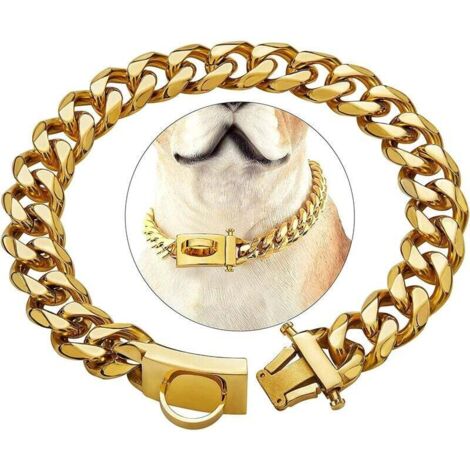 Collier doré pour chien avec boucle de sécurité, collier à maillons en acier inoxydable à mâcher très résistant (doré, 20")