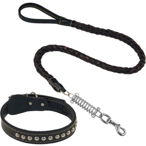 Collier et laisse en cuir reconstitué pour chiens. design tressé avec amortisseur. durable et élégant. idéal pour l'entraînement et la promenade .noir L