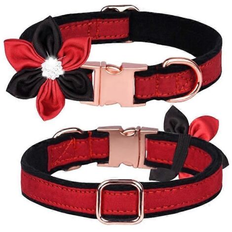 Collier félin Prince à nœud floral, bijou pour chien et chat, cristaux scintillants rouges et noirs, taille M.