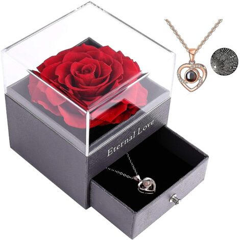 Collier « Je t'aime » avec une véritable rose préservée et inscription en 100 langues (coffret cadeau)