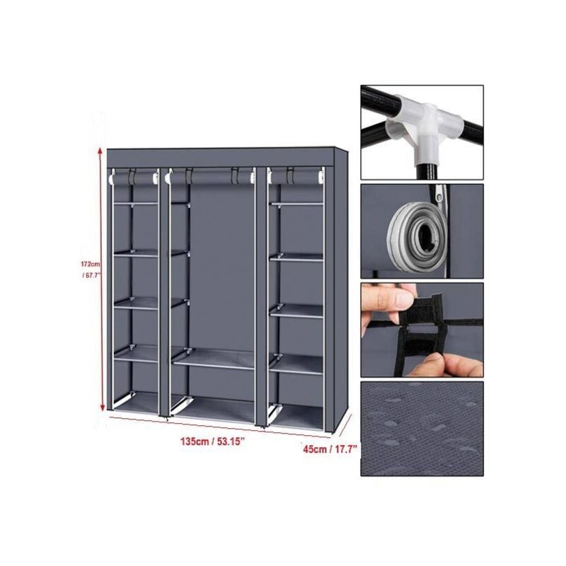 Armoire de Rangement, Penderie Portable avec Barre de Suspension 135 x 45 x 172 cm, Porte-vêtements Pliable, Vestiaire, Chambre, Salle d'étude, Gris