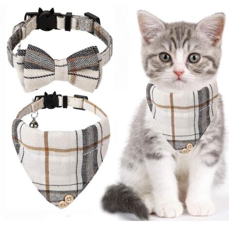 Collier pour chat avec nœud papillon et bandana - Lot de 2 colliers classiques à carreaux vichy avec foulard et nœud papillon - Taille ajustable avec clochette